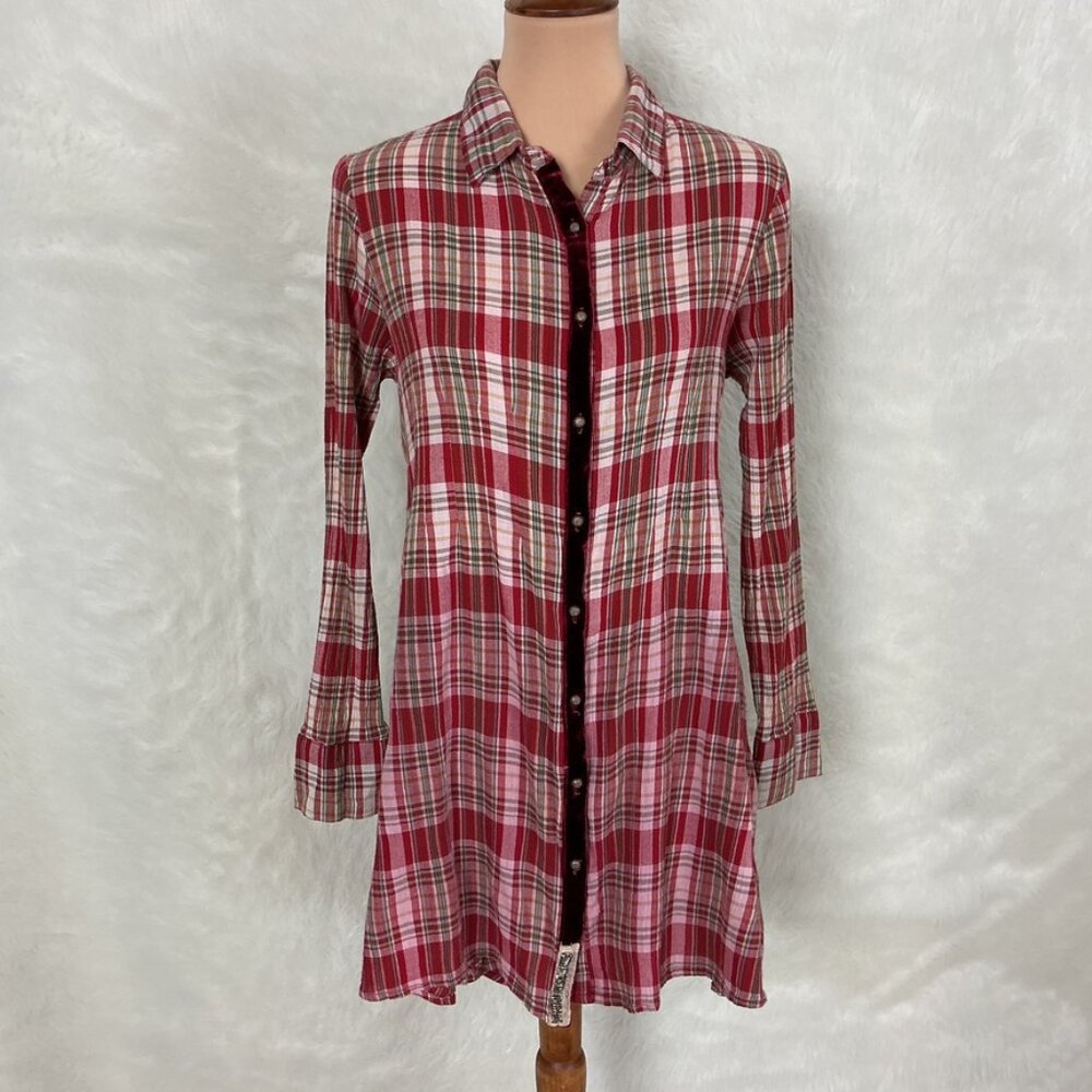 Aratta Silent Journey Red Plaid Ombre Cotton Gathered Back Tunic Top M